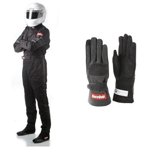 RaceQuip SFI 3.2A/1 Fire Suit Single Layer Black Large & SFI 3.3/5 Gloves 2 Layer Black Large Bundle